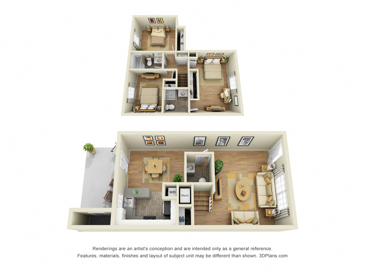 Floor plan for 3 beds, 2.5 baths, 1360 sqft
